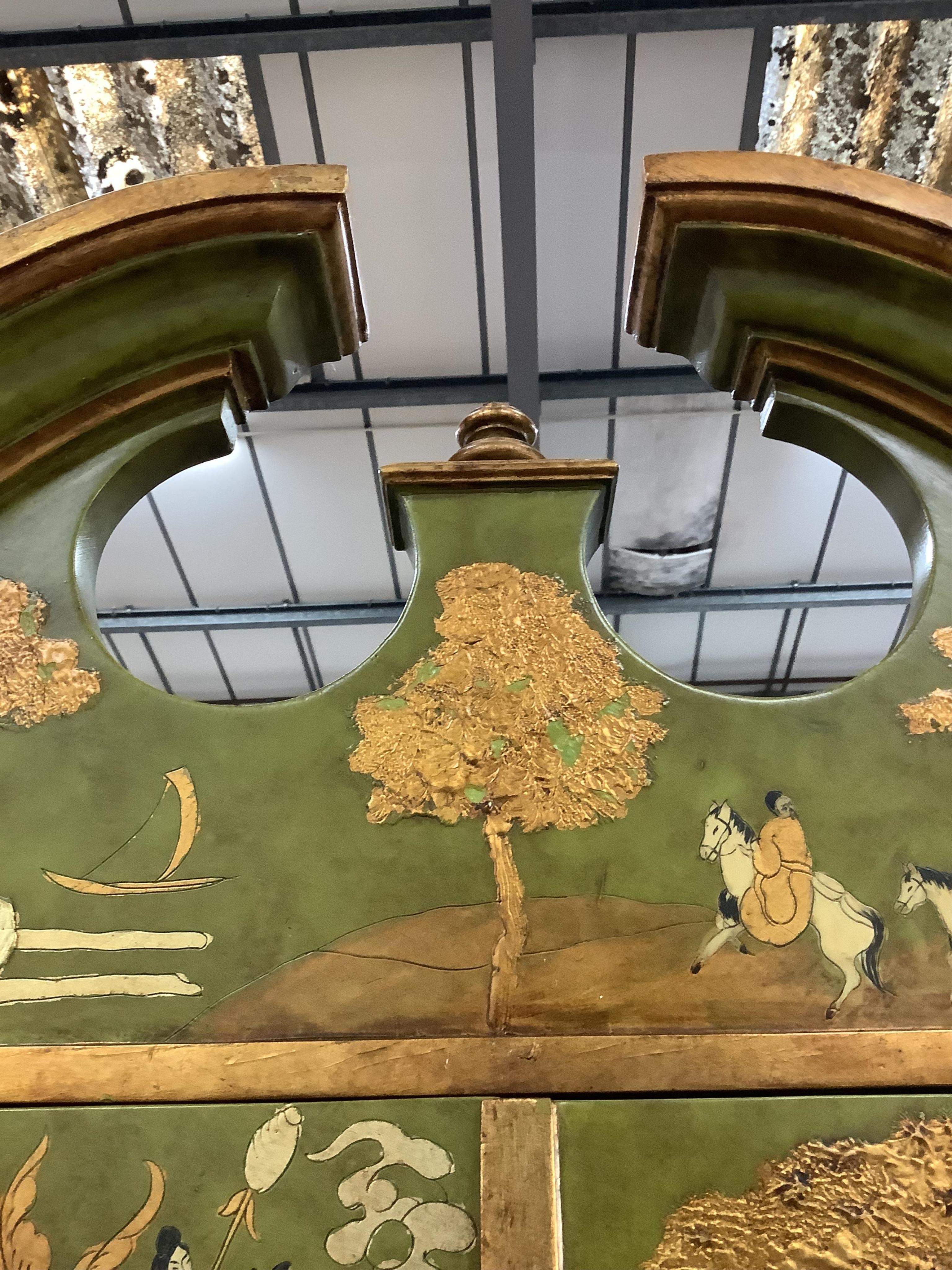 A George III style green chinoiserie lacquer breakfront library bookcase, width 196cm, depth 56cm, height 238cm. Condition - poor to fair